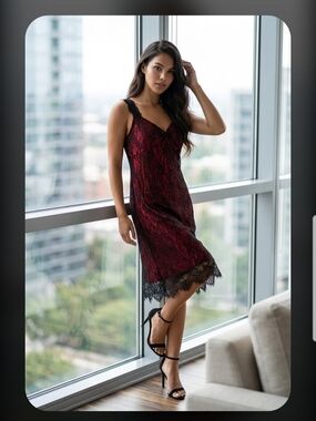 Red Lace-Trim Slip Dress with Black Accents